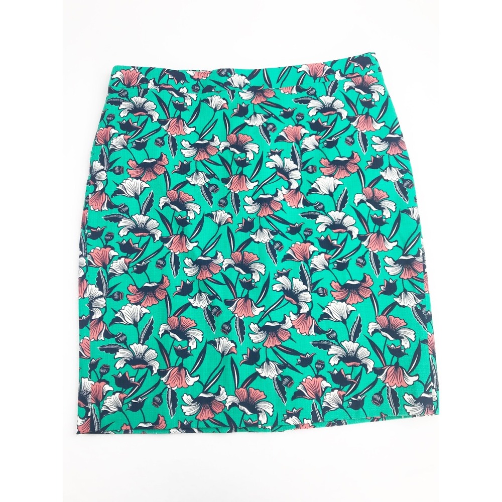 J Crew Pencil Skirt Womens 14 Green Pink Floral Woven Cotton Cottagecore Preppy